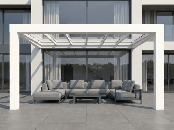 Premium Terrassenüberdachung CUBE Aluminium Cremeweiß - VSG Glas Farblos Klar