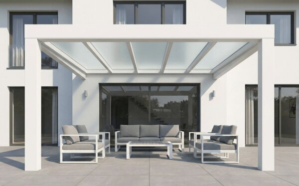 Premium Terrassenüberdachung CUBE Aluminium Cremeweiß - VSG Glas Weiß/Opal