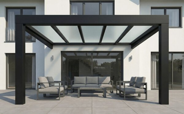 Premium Terrassenüberdachung CUBE Aluminium Tiefschwarz - VSG Glas Weiß/Opal