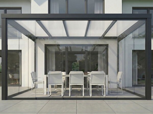 Kaltwintergarten Aluminium Tiefschwarz - Doppelstegplatten 16mm Weiß Opal