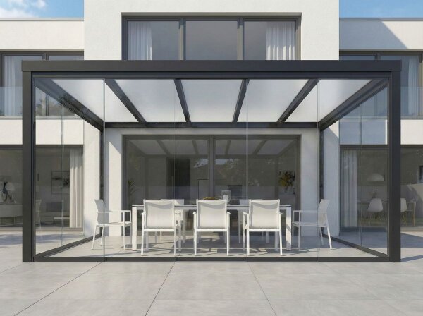 Kaltwintergarten Aluminium Tiefschwarz - VSG Glas Weiß Opal