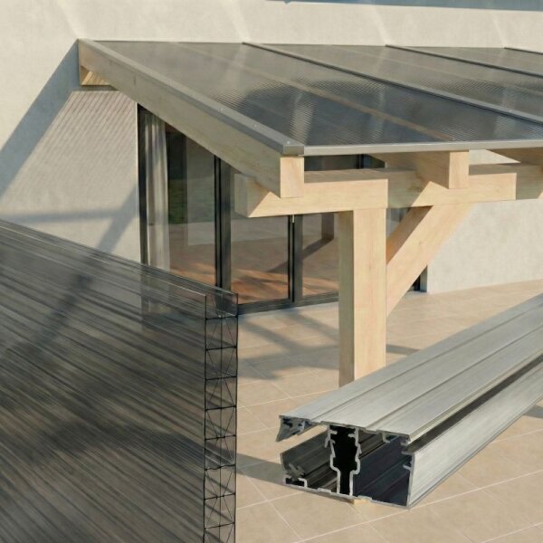 Komplettset Doppelstegplatten  16 mm - X + 5-Fach Struktur Anthrazit | Alu-Alu-Profil 4100 x 4500