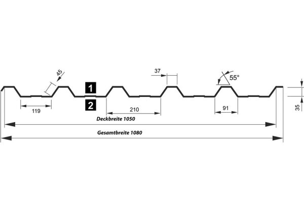 Trapezblech T35DR Dachprofil 0,50 mm Stärke 25µm Standardpolyester 1080 mm Schokoladenbraun