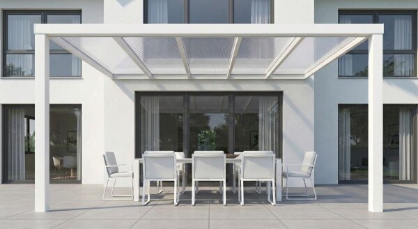 Premium Terrassenüberdachung Aluminium Cremeweiß - Doppelstegplatten 16mm Farblos Klar