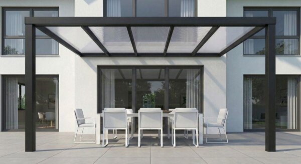 Premium Terrassenüberdachung Aluminium Tiefschwarz - Doppelstegplatten 16mm Farblos Klar