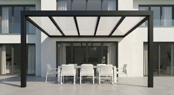 Premium Terrassenüberdachung Aluminium Tiefschwarz - Doppelstegplatten 16mm Weiß Opal