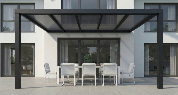 Premium Terrassenüberdachung Aluminium Tiefschwarz - Doppelstegplatten 16mm Anthrazit