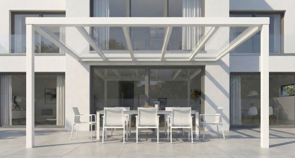 Premium Terrassenüberdachung Aluminium Cremeweiß - VSG Glas Farblos Klar